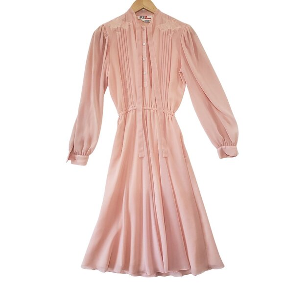 Vintage 70s PS2 Pink Midi Secretary Dress Size 6 Romantic Feminine Prairie Party - Picture 1 of 6